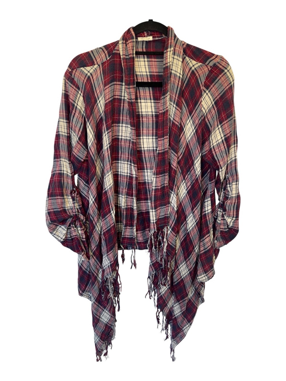 En Creme Red and White Plaid Fringe Open-Front Cardigan